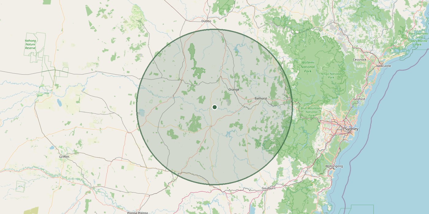 Map showing the Monash Wall Cladding service area across the Central West of NSW, including Cowra, Orange, Bathurst, Forbes, Parkes, Young and Grenfell
